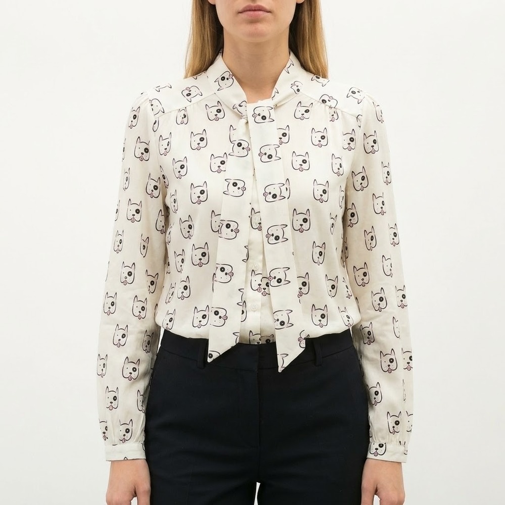 Tulip B Button Down Blouse Women's Medium White Dog Print V Neck NWT Casual Wear
